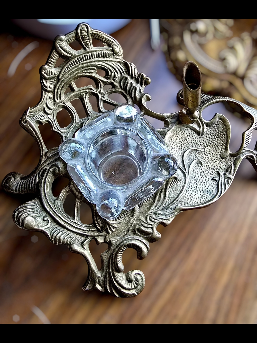 Ornate Brass Vanity Tray with Glass Inkwell